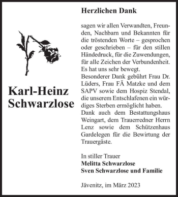 Traueranzeige von Karl-Heinz Schwarzlose  von Magdeburger Volksstimme