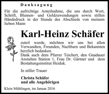 Traueranzeige von Karl-Heinz Schäfer  von Magdeburger Volksstimme