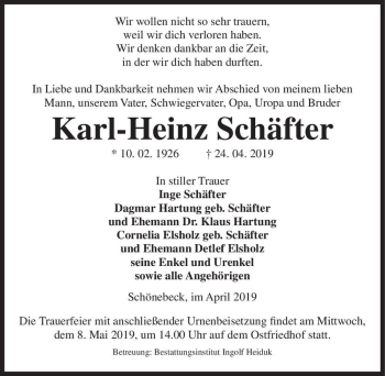 Traueranzeige von Karl-Heinz Schäfter  von Magdeburger Volksstimme