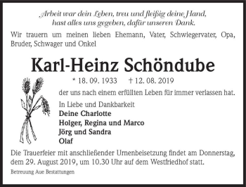 Traueranzeige von Karl-Heinz Schöndube  von Magdeburger Volksstimme