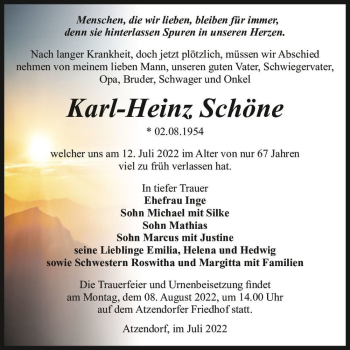 Traueranzeige von Karl-Heinz Schöne  von Magdeburger Volksstimme