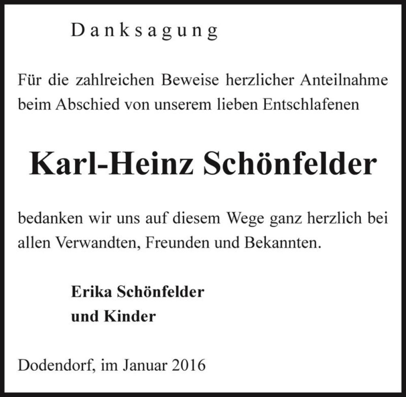  Traueranzeige für Karl-Heinz Schönfelder  vom 16.01.2016 aus Magdeburger Volksstimme