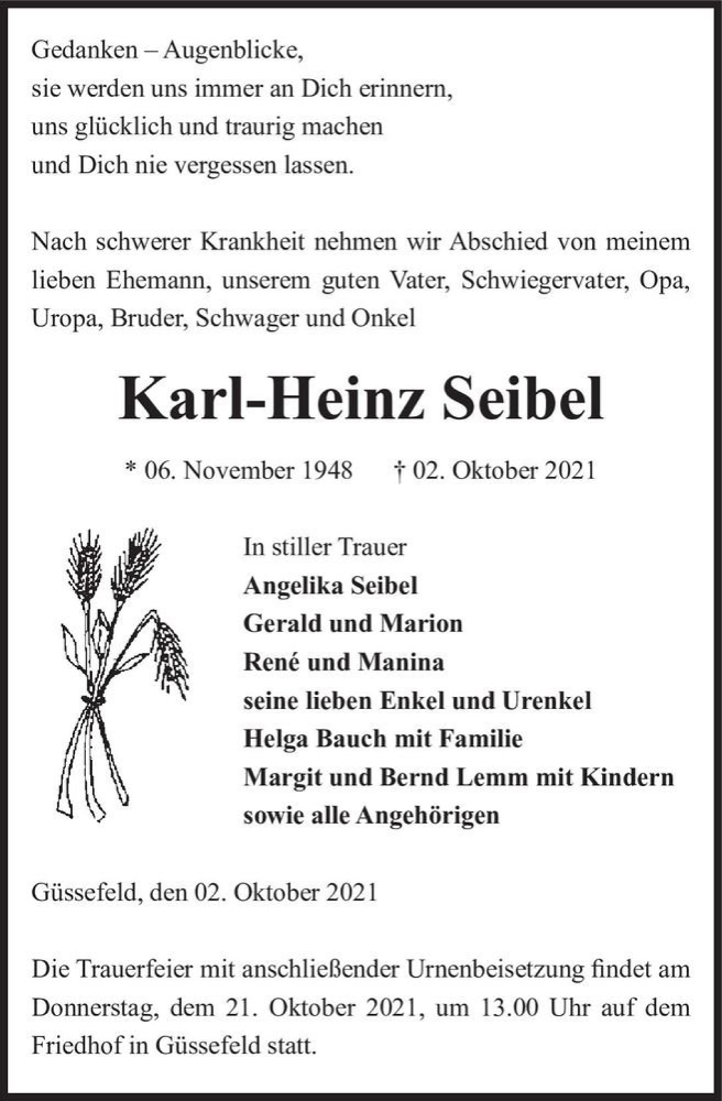  Traueranzeige für Karl-Heinz Seibel  vom 06.10.2021 aus Magdeburger Volksstimme