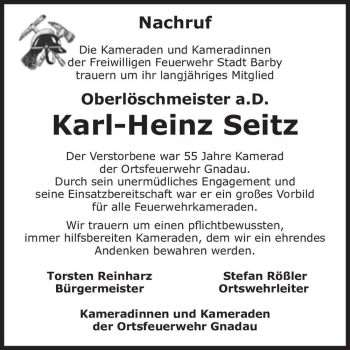 Traueranzeige von Karl-Heinz Seitz  von Magdeburger Volksstimme