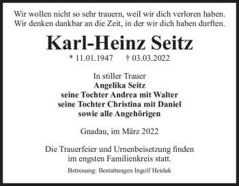 Traueranzeige von Karl-Heinz Seitz  von Magdeburger Volksstimme