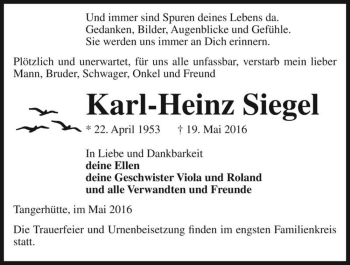 Traueranzeige von Karl-Heinz Siegel  von Magdeburger Volksstimme
