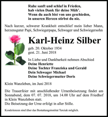 Traueranzeige von Karl-Heinz Silber  von Magdeburger Volksstimme