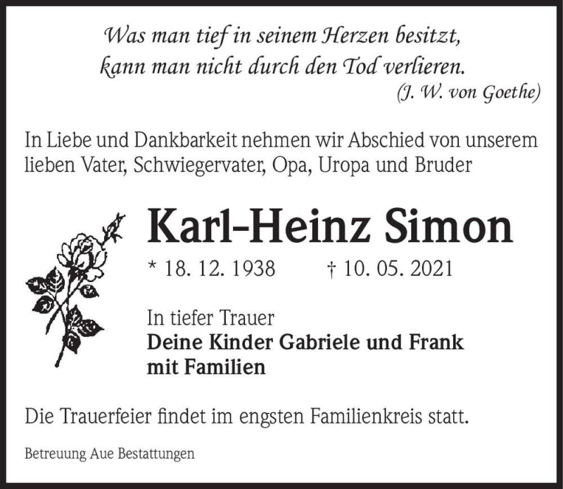  Traueranzeige für Karl-Heinz Simon  vom 22.05.2021 aus Magdeburger Volksstimme