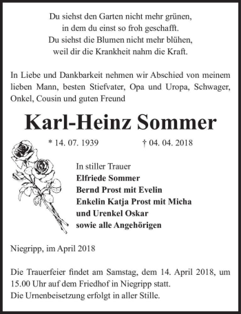 Traueranzeige von Karl-Heinz Sommer  von Magdeburger Volksstimme