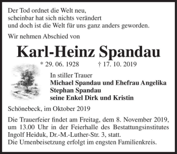 Traueranzeige von Karl-Heinz Spandau  von Magdeburger Volksstimme