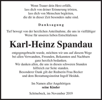 Traueranzeige von Karl-Heinz Spandau  von Magdeburger Volksstimme
