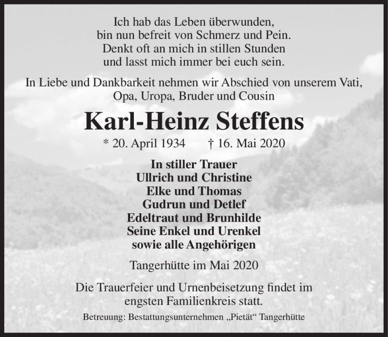  Traueranzeige für Karl-Heinz Steffens  vom 23.05.2020 aus Magdeburger Volksstimme
