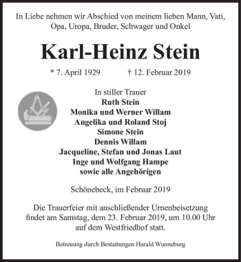 Traueranzeige von Karl-Heinz Stein  von Magdeburger Volksstimme