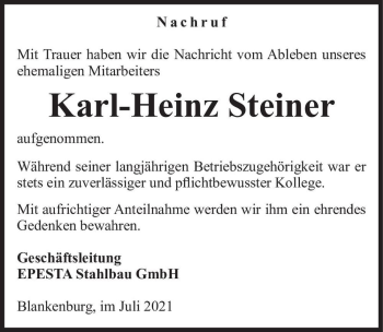 Traueranzeige von Karl-Heinz Steiner  von Magdeburger Volksstimme