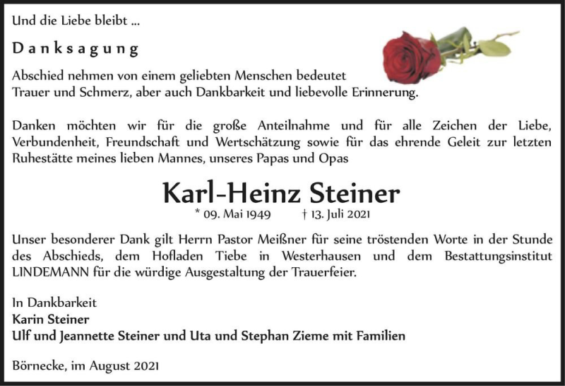  Traueranzeige für Karl-Heinz Steiner  vom 07.08.2021 aus Magdeburger Volksstimme