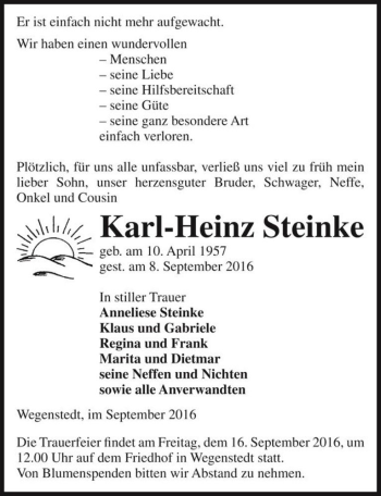 Traueranzeige von Karl-Heinz Steinke  von Magdeburger Volksstimme