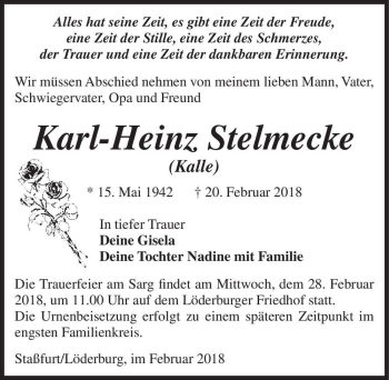 Traueranzeige von Karl-Heinz Stelmecke (Kalle)  von Magdeburger Volksstimme