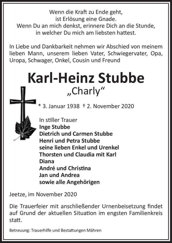  Traueranzeige für Karl-Heinz Stubbe 