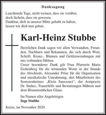 Traueranzeige von Karl-Heinz Stubbe  von Magdeburger Volksstimme