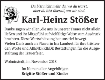 Traueranzeige von Karl-Heinz Stößer  von Magdeburger Volksstimme