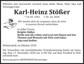 Traueranzeige von Karl-Heinz Stößer  von Magdeburger Volksstimme