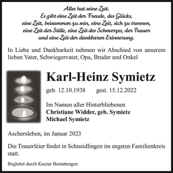 Traueranzeige von Karl-Heinz Symietz  von Magdeburger Volksstimme