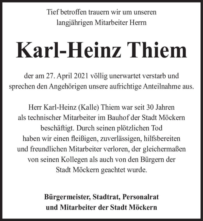  Traueranzeige für Karl-Heinz Thiem  vom 22.05.2021 aus Magdeburger Volksstimme