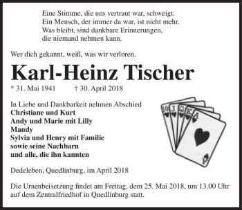 Traueranzeige von Karl-Heinz Tischer  von Magdeburger Volksstimme