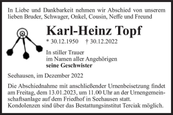 Traueranzeige von Karl-Heinz Topf  von Magdeburger Volksstimme