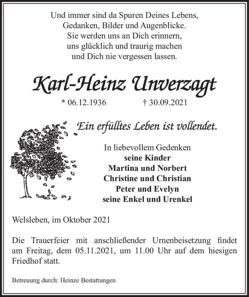  Traueranzeige für Karl-Heinz Unverzagt  vom 16.10.2021 aus Magdeburger Volksstimme