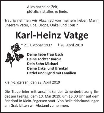 Traueranzeige von Karl-Heinz Vatge  von Magdeburger Volksstimme