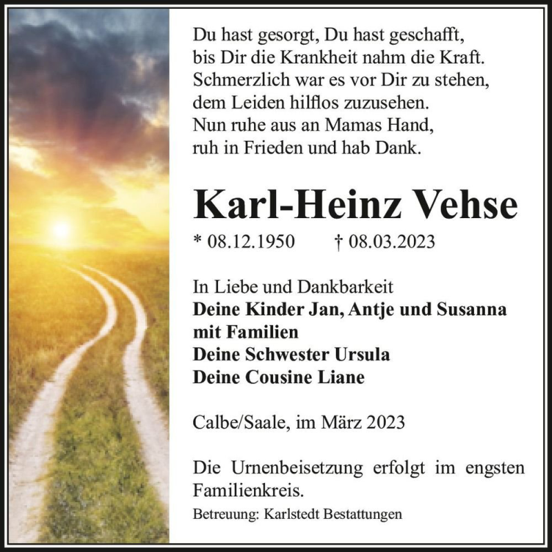  Traueranzeige für Karl-Heinz Vehse  vom 11.03.2023 aus Magdeburger Volksstimme