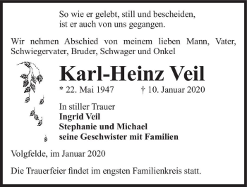Traueranzeige von Karl-Heinz Veil  von Magdeburger Volksstimme