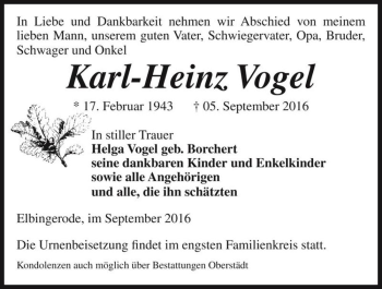 Traueranzeige von Karl-Heinz Vogel  von Magdeburger Volksstimme