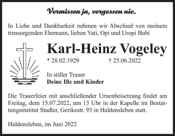 Traueranzeige von Karl-Heinz Vogeley  von Magdeburger Volksstimme