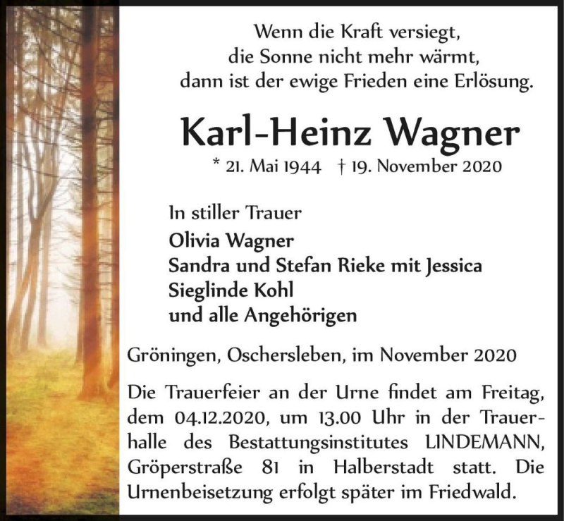  Traueranzeige für Karl-Heinz Wagner  vom 28.11.2020 aus Magdeburger Volksstimme
