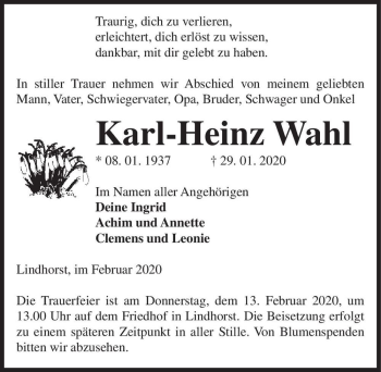 Traueranzeige von Karl-Heinz Wahl  von Magdeburger Volksstimme