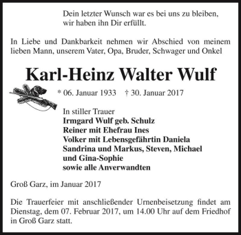 Traueranzeige von Karl-Heinz Walter Wulf  von Magdeburger Volksstimme