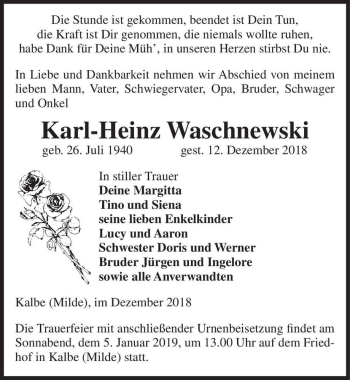 Traueranzeige von Karl-Heinz Waschnewski  von Magdeburger Volksstimme