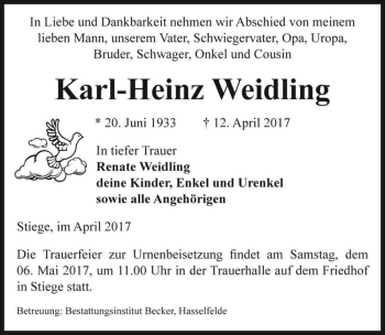 Traueranzeige von Karl-Heinz Weidling  von Magdeburger Volksstimme