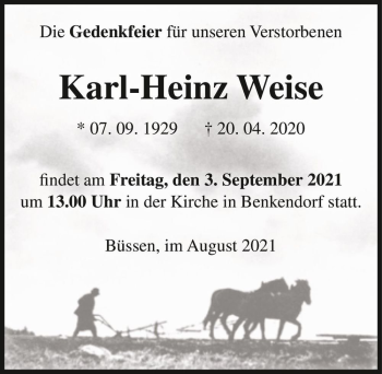 Traueranzeige von Karl-Heinz Weise  von Magdeburger Volksstimme