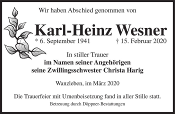 Traueranzeige von Karl-Heinz Wesner  von Magdeburger Volksstimme