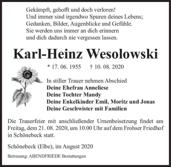Traueranzeige von Karl-Heinz Wesolowski  von Magdeburger Volksstimme