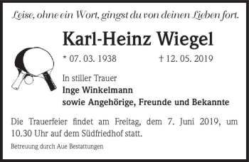 Traueranzeige von Karl-Heinz Wiegel  von Magdeburger Volksstimme