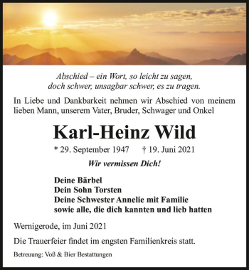 Traueranzeige von Karl-Heinz Wild  von Magdeburger Volksstimme