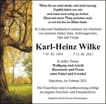 Traueranzeige von Karl-Heinz Wilke  von Magdeburger Volksstimme