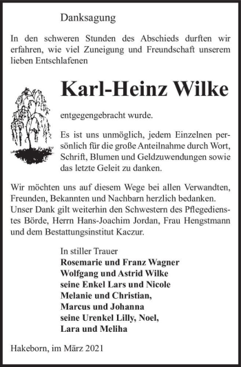 Traueranzeige von Karl-Heinz Wilke  von Magdeburger Volksstimme