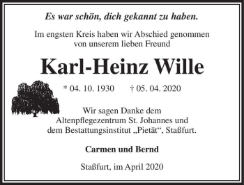 Traueranzeige von Karl-Heinz Wille  von Magdeburger Volksstimme