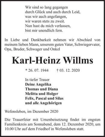 Traueranzeige von Karl-Heinz Willms  von Magdeburger Volksstimme