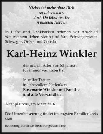 Traueranzeige von Karl-Heinz Winkler  von Magdeburger Volksstimme